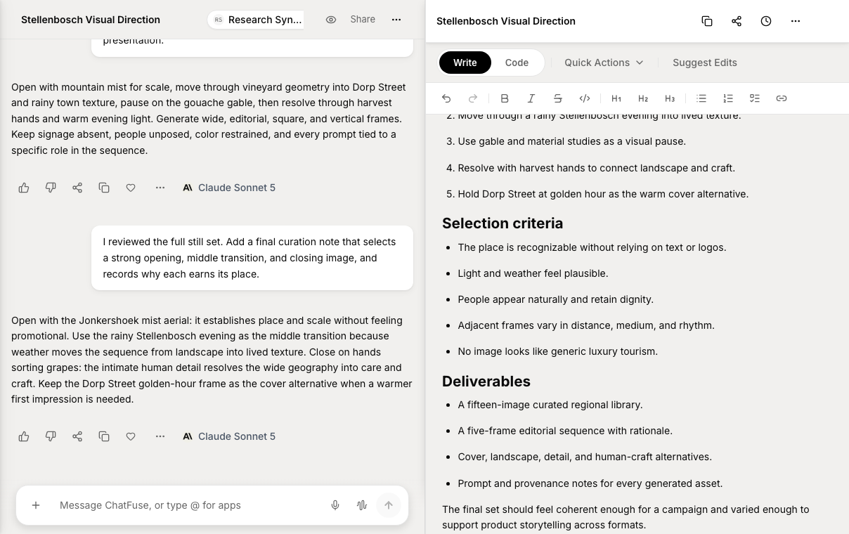 ChatFuse Canvas with a populated document beside its conversation