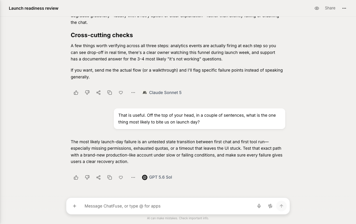 ChatFuse Chat showing a real conversation about Aurora Bakery's brand voice and production schedule