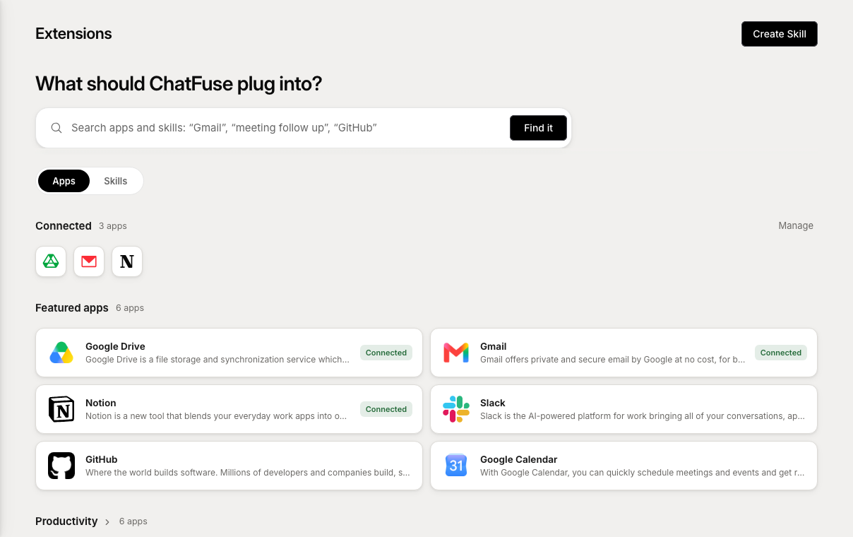 ChatFuse Extensions showing connected Google Drive, Gmail, and Notion apps with the live app catalog