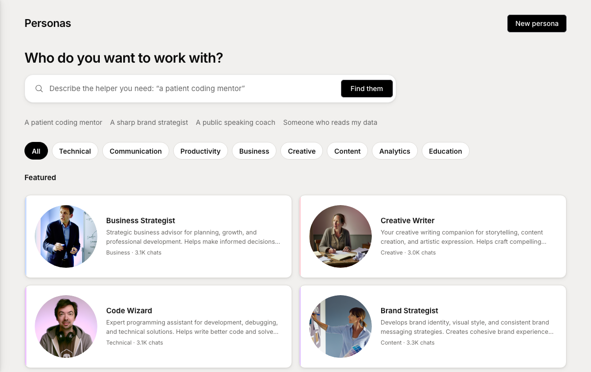 ChatFuse Personas directory with populated specialist profiles