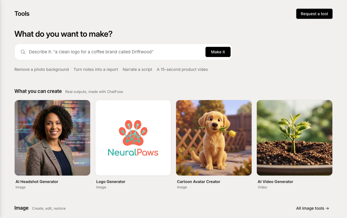 ChatFuse Tools showing real image, logo, avatar, and video creation examples